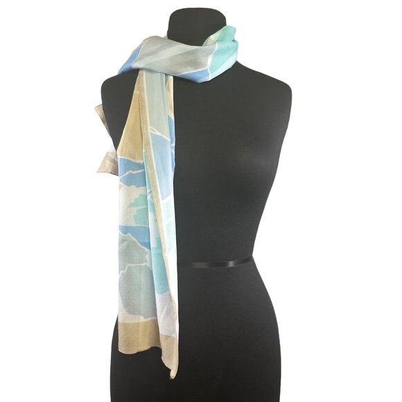 Beautiful Textured Polyester Scarf w/ Blue & Tan Floral Print 11 x 52 - Picture 3 of 3